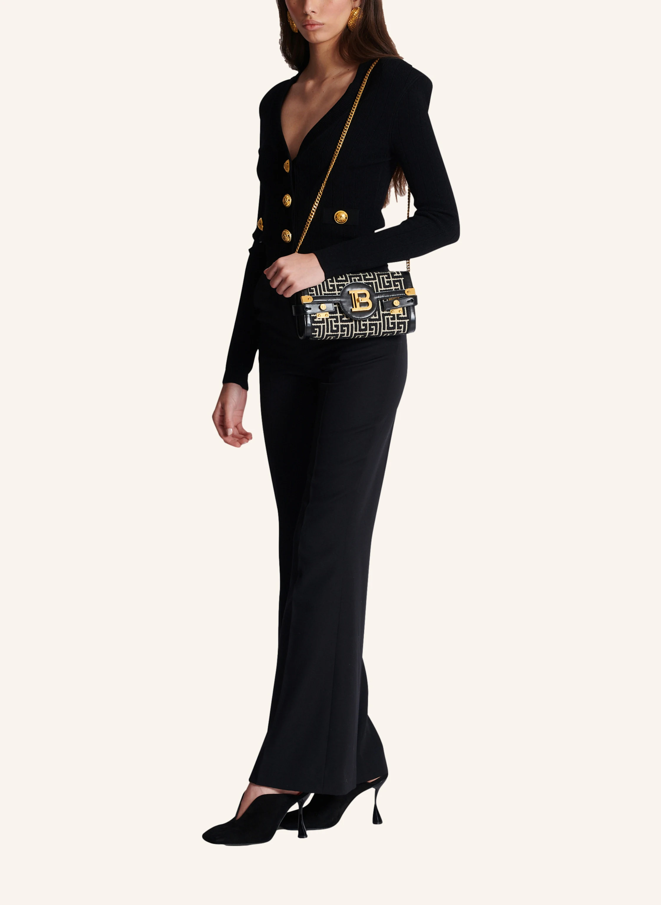 BALMAIN Pochette B-Buzz 23 aus Leder mit Jacquard-Monogramm
