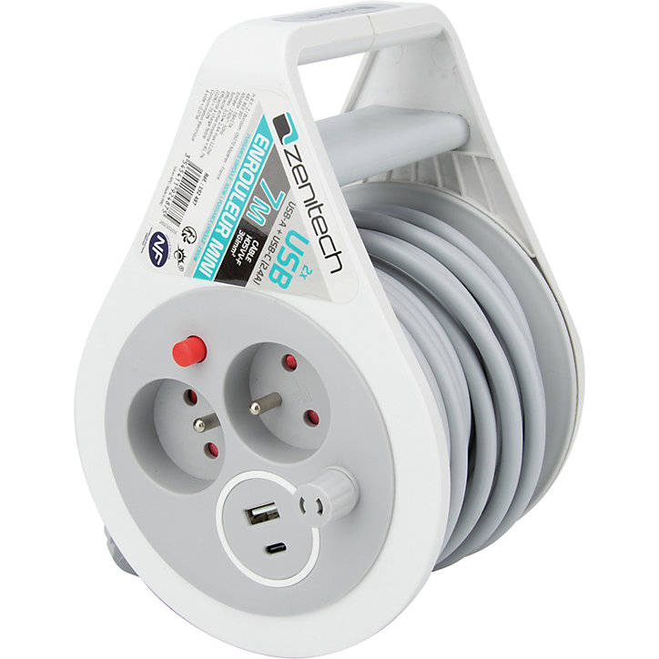 Mini enrouleur H05VV-F 3G1 3 prise de 16A + USB 7m gris