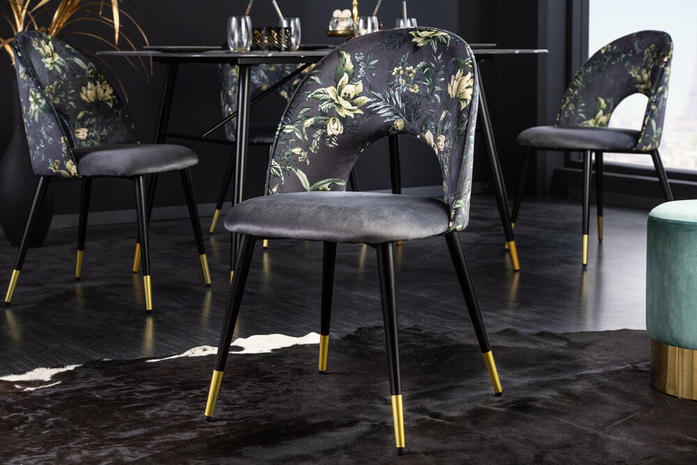 riess-ambiente Stuhl PRÊT-À-PORTER - Design grau Samt florales Muster goldene Fußkappen