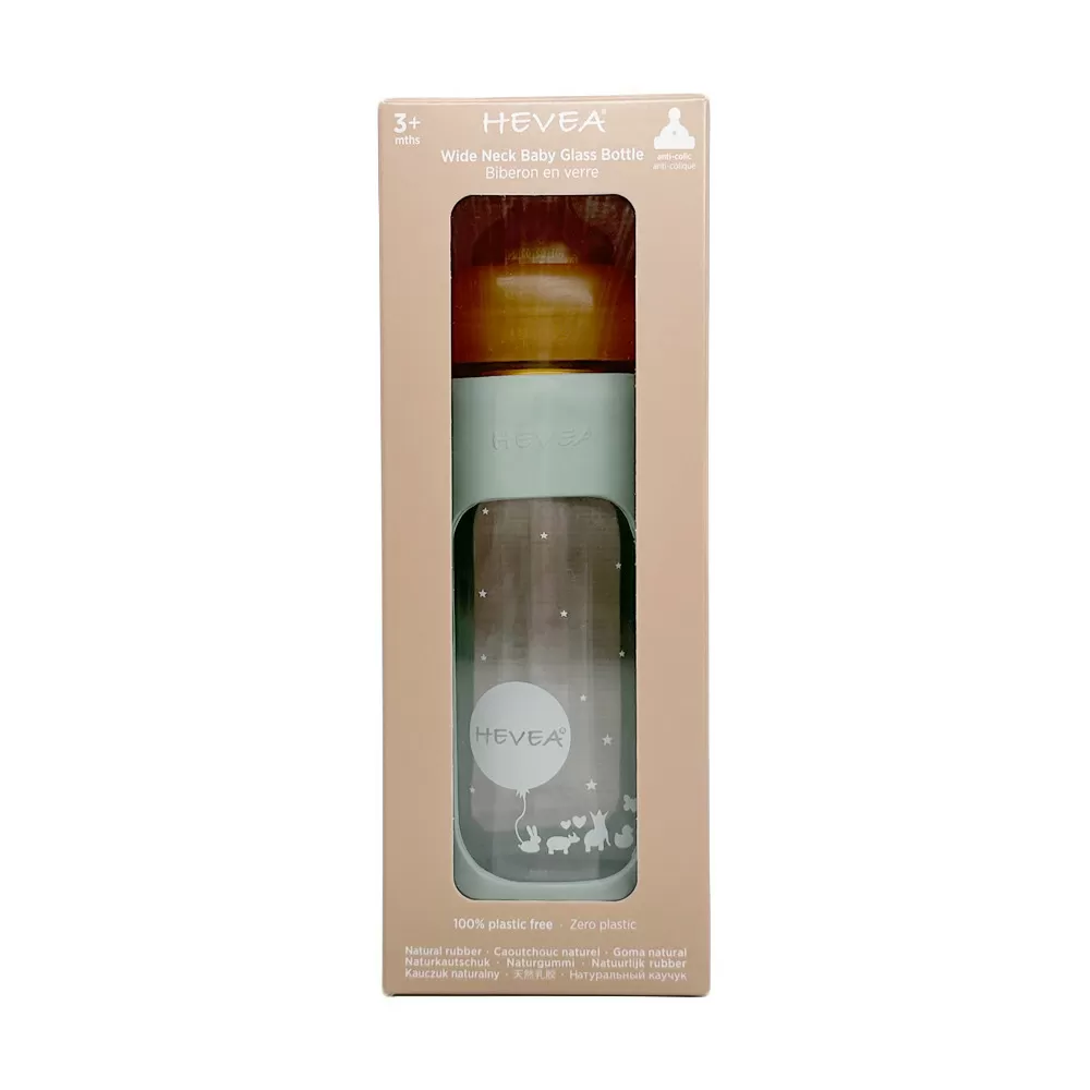 Hevea Glas Sutteflaske Wide Neck med Sleeve 250 ml, Seafoam Blue - 1 stk.