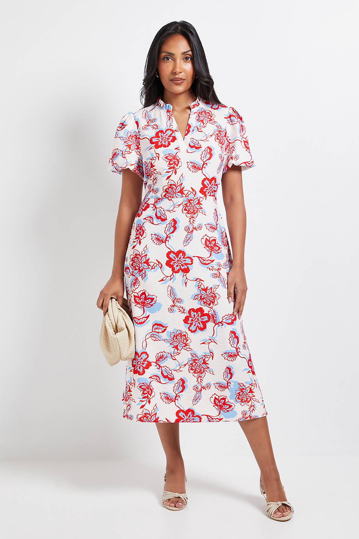 Wallis Robe Midi Froncée à Motif Floral en Gaufre Petite Taille
