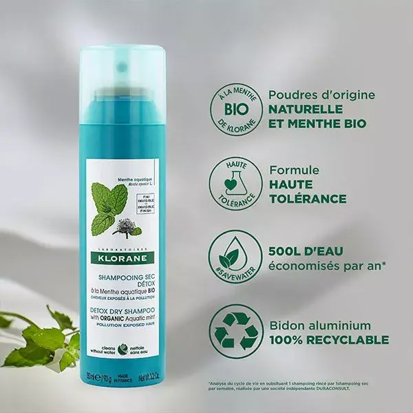 Shampoo a seco antipoluição Klorane Aquatic Mint Detox, pacote com 2 unidades de 150ml