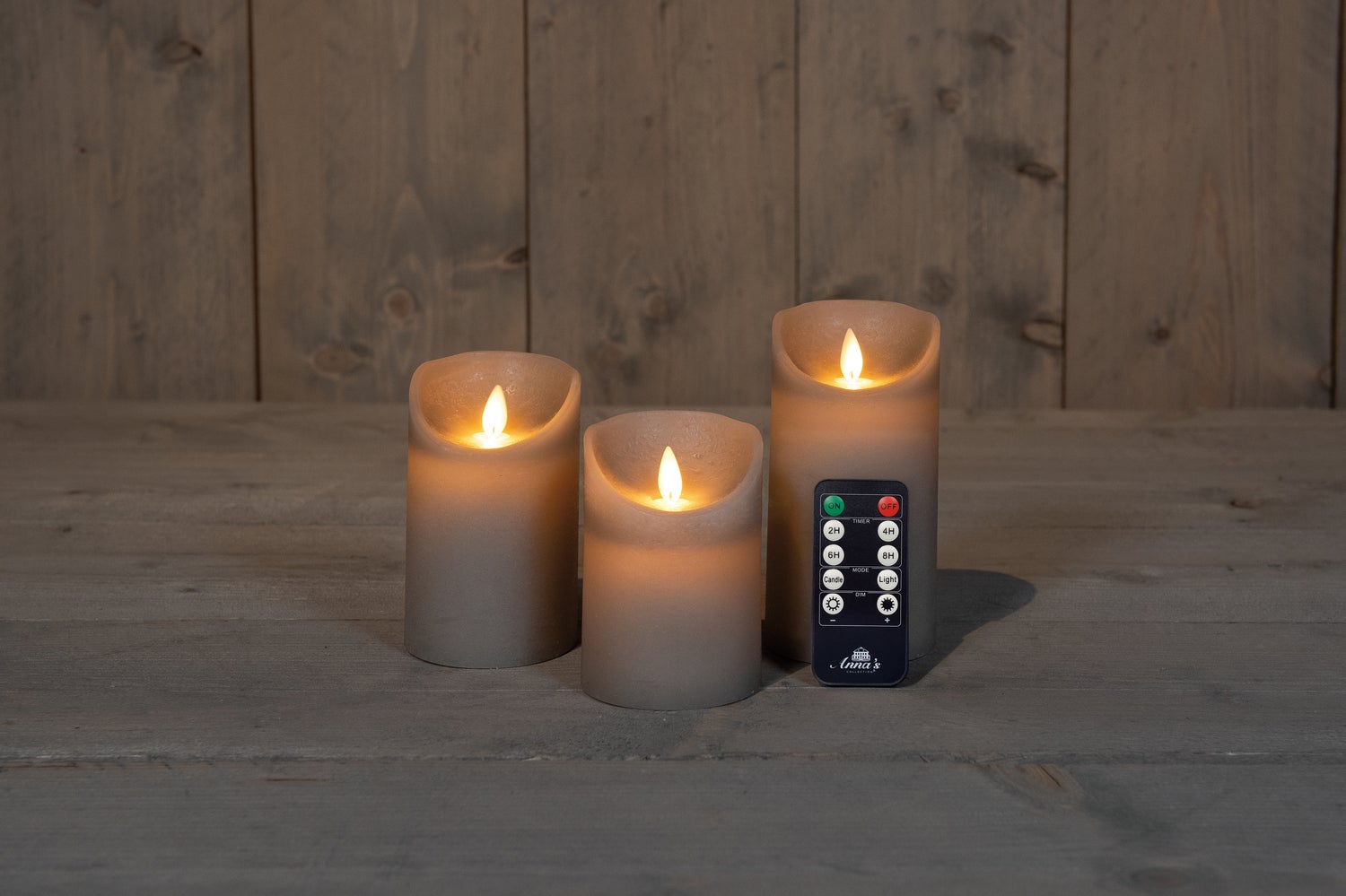 Anna's Collection LED stompkaars Rustiek grijs D 7,5 H 10 / 12,5 / 15 cm 3 stuks