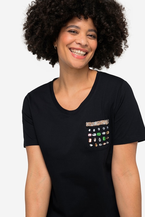 T-Shirt, Classic Fit, Ziersteinchen-Brusttasche, Rundhals