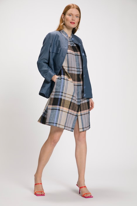 Leinenkleid, Karo, Stehkragen, 3/4-Arm