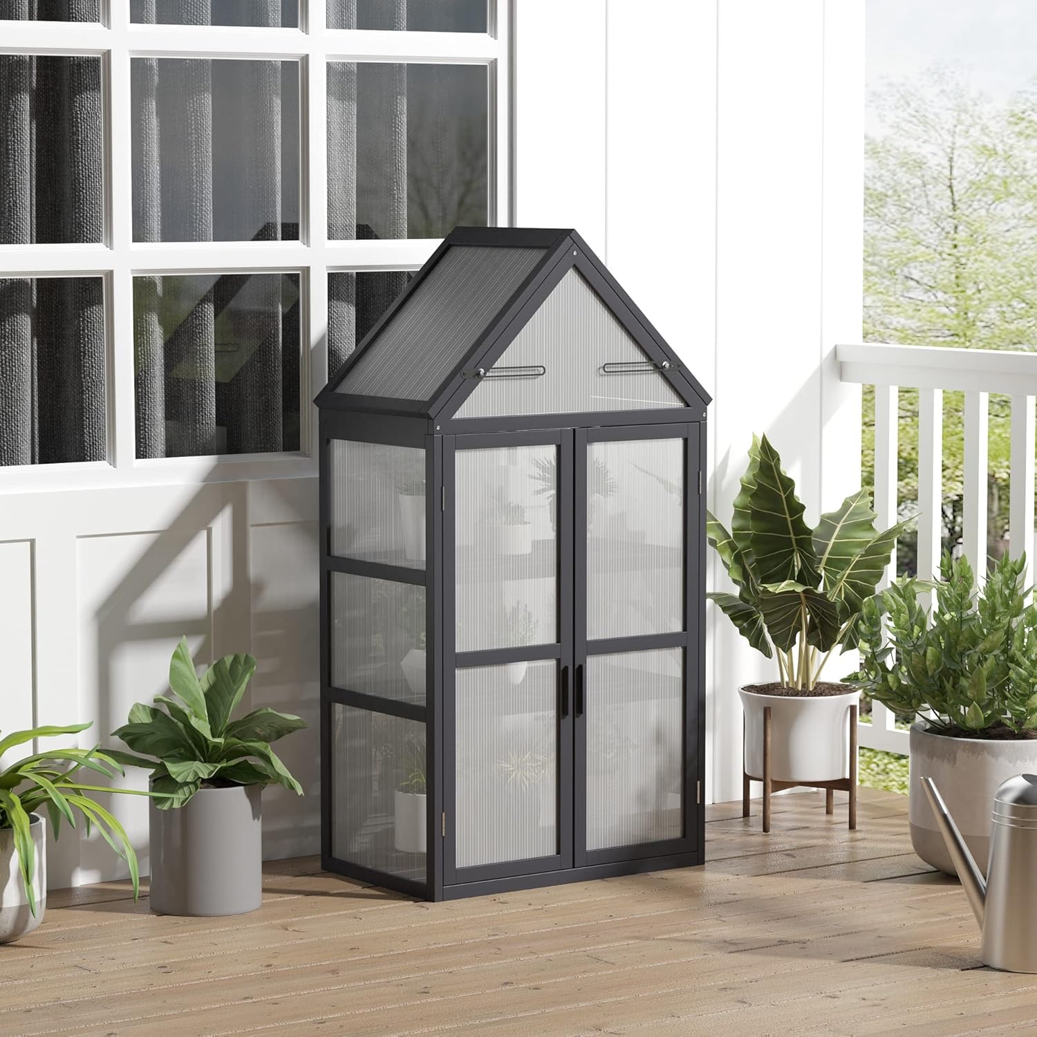 Outsunny Frühbeet Pflanzenbeet mit 3 Ebenen, aufklappbarem Dach wetterfest Mini Gewächshaus mit Doppeltüren Treibhaus aus Holz Polycarbonat Natur 70,5 x 42 x 132 cm