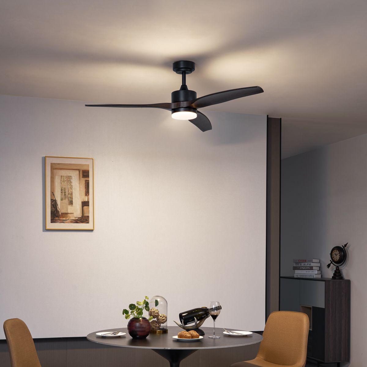 Smart plafondventilator zwart met hout print 132cm incl. LED dimbaar met afstandsbediening - Joly