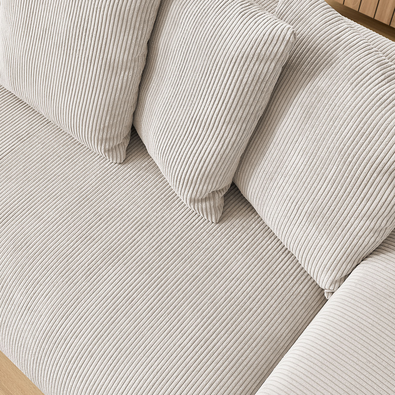 Bobochic Canapé droit fixe 3 places ultra moelleux voltaire velours côtelé beige - 280x124x75 cm