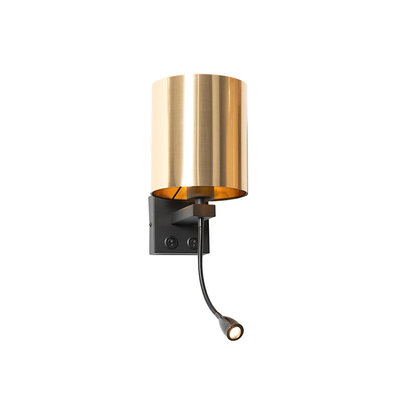 Wandlamp zwart met flexarm en kap goud 15 cm - Brescia