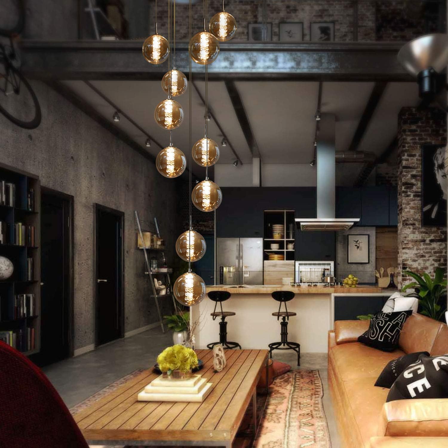 Pendelleuchte Wohnzimmer Pendellampe Modern - Treppenhaus Hängeleuchte 15 Flammig Hängelampe aus Glas 200CM Höheverstellbar Esstischlampe für Esszimmer Küche Esstisch Flur (Bernstein)