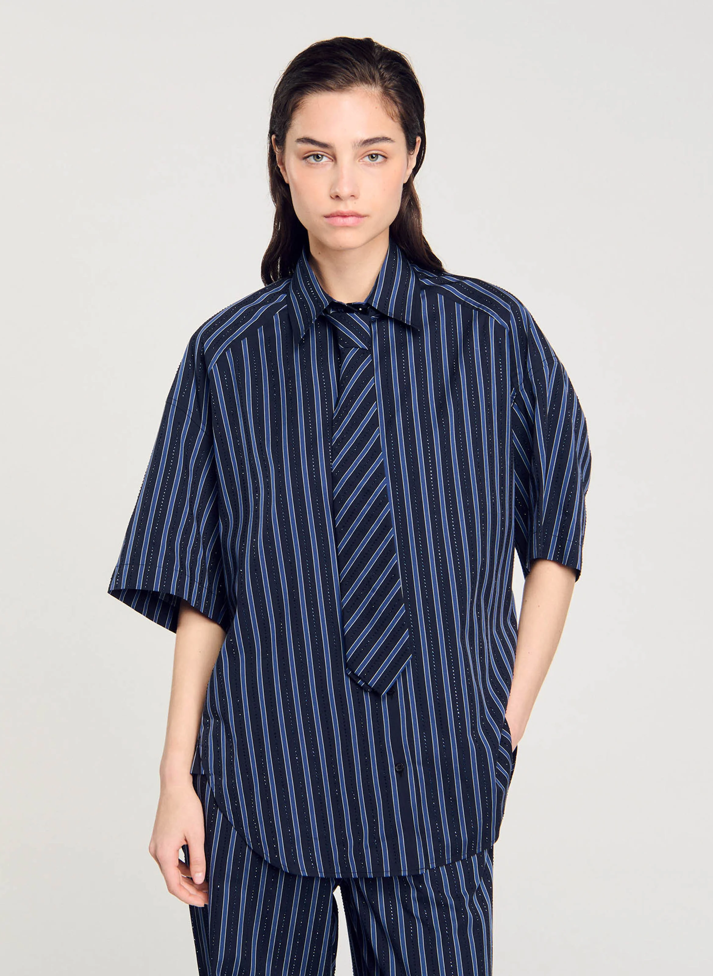 Chemise ample en coton strassé à cravate | Bleu