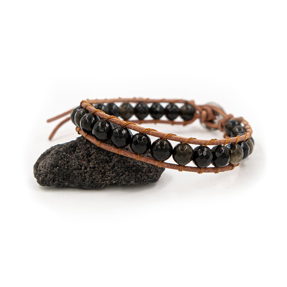 Bracelet Facelia en pierres naturelles Obsidienne et cuir véritable