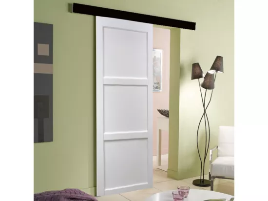 Porte Coulissante Korya Blanc 3 Panneaux H204 X L93 + Rail Alu Bandeau Noir Gd Menuiseries