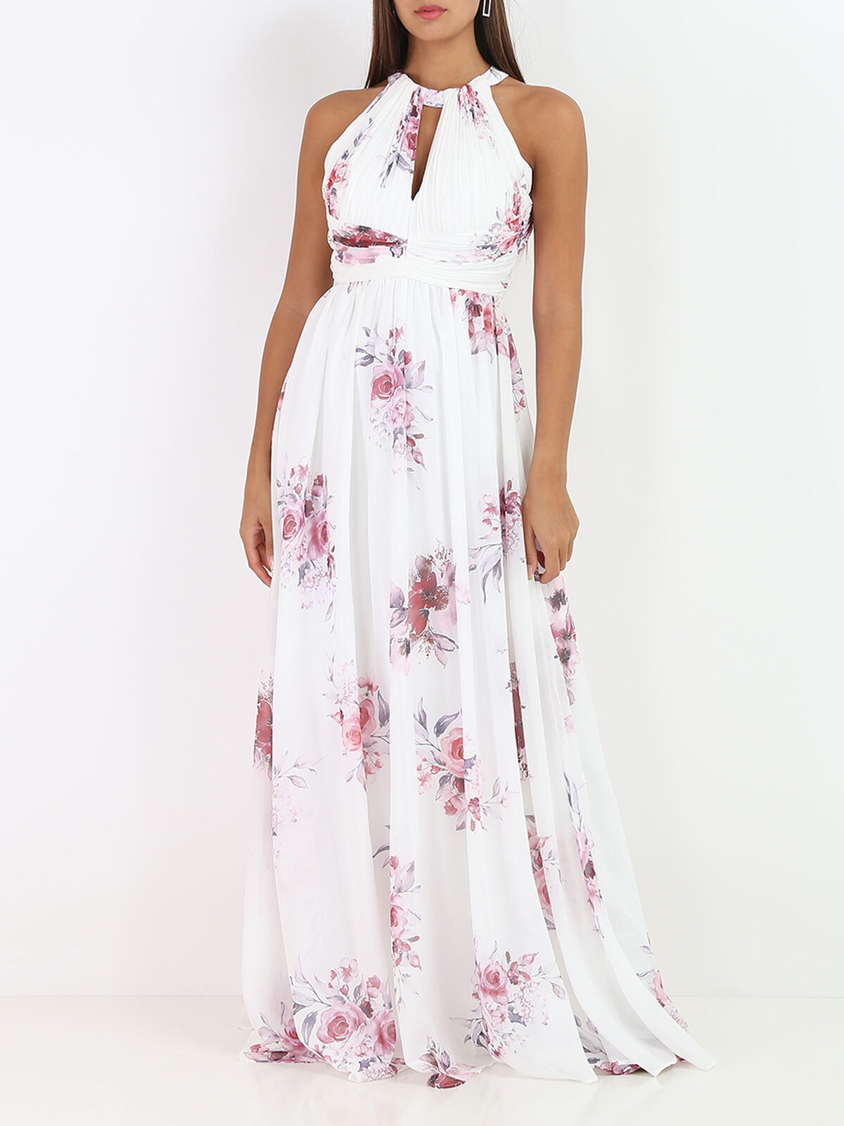 Robe longue dos nu à fleurs- Blanc