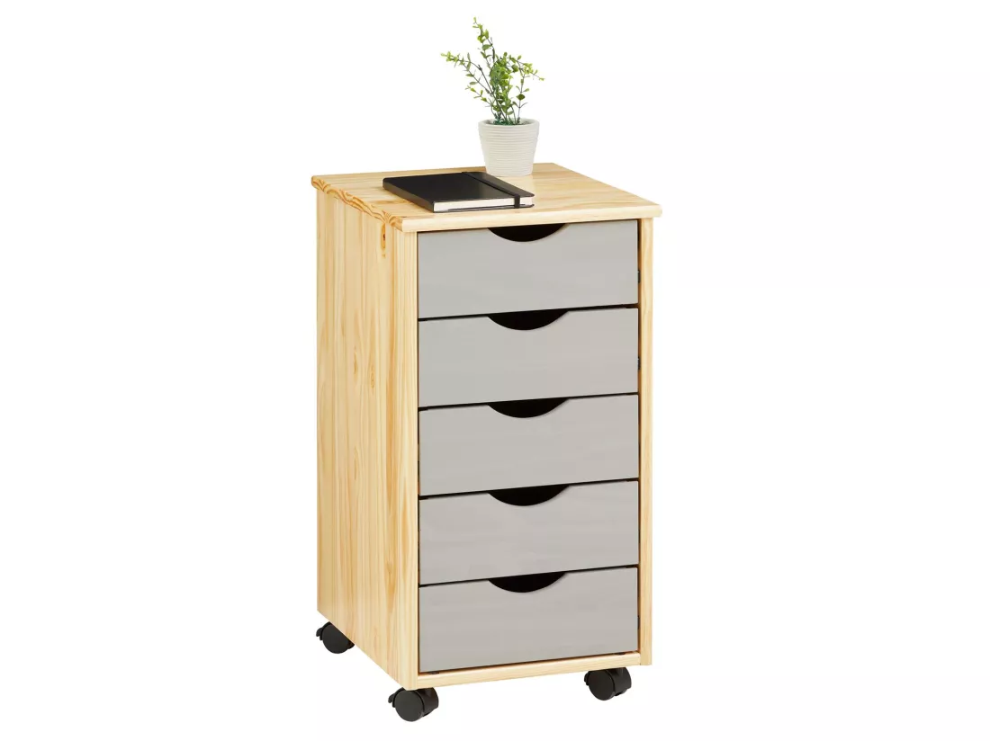 Caisson de bureau LAGOS meuble de rangement sur roulettes avec 5 tiroirs, en pin massif finition vernis naturel et lasuré gris