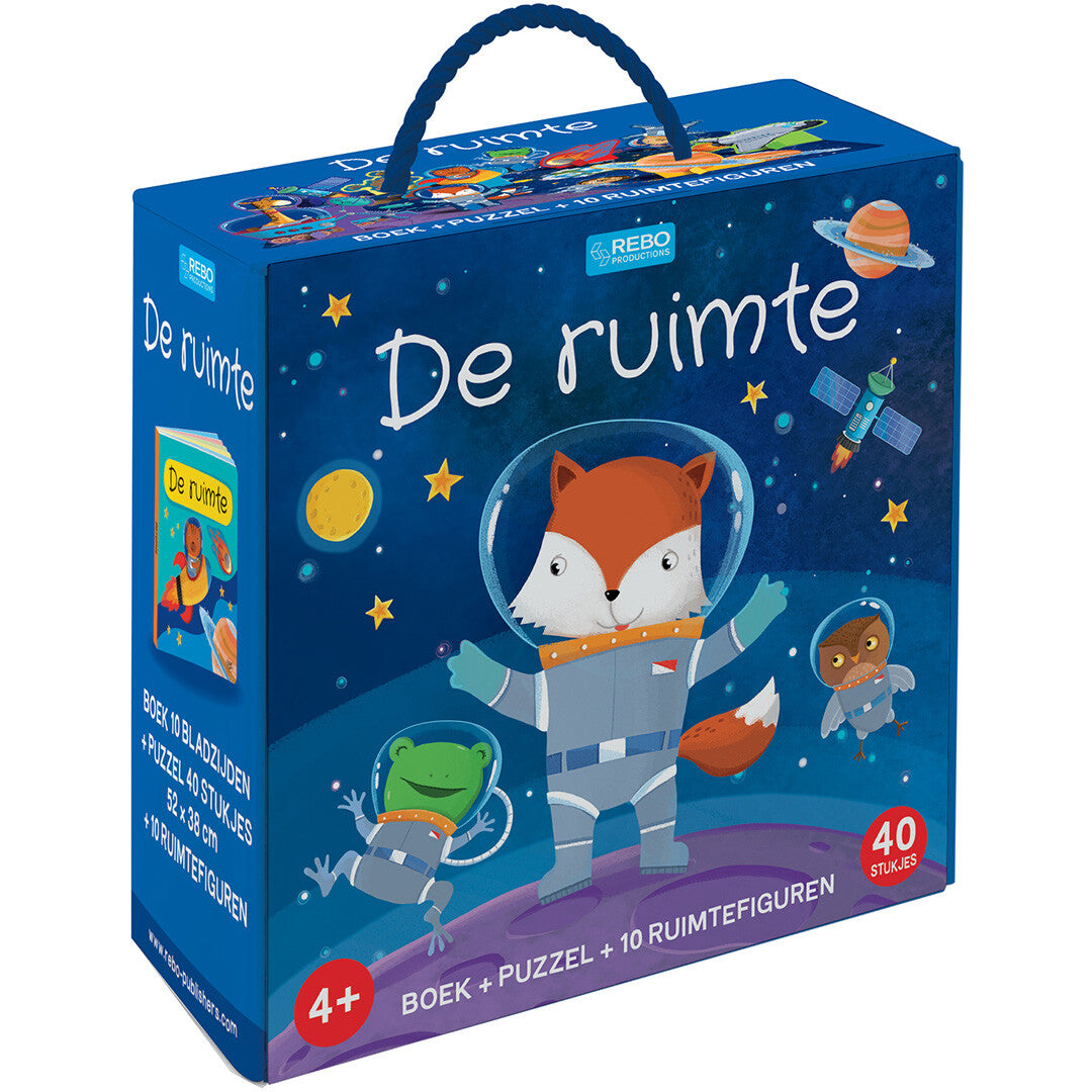 Uitgeverij rebo box de ruimte boek, puzzel en speelfiguren