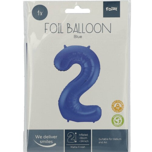 Cijferballon twee - metallic matblauw - 86 cm