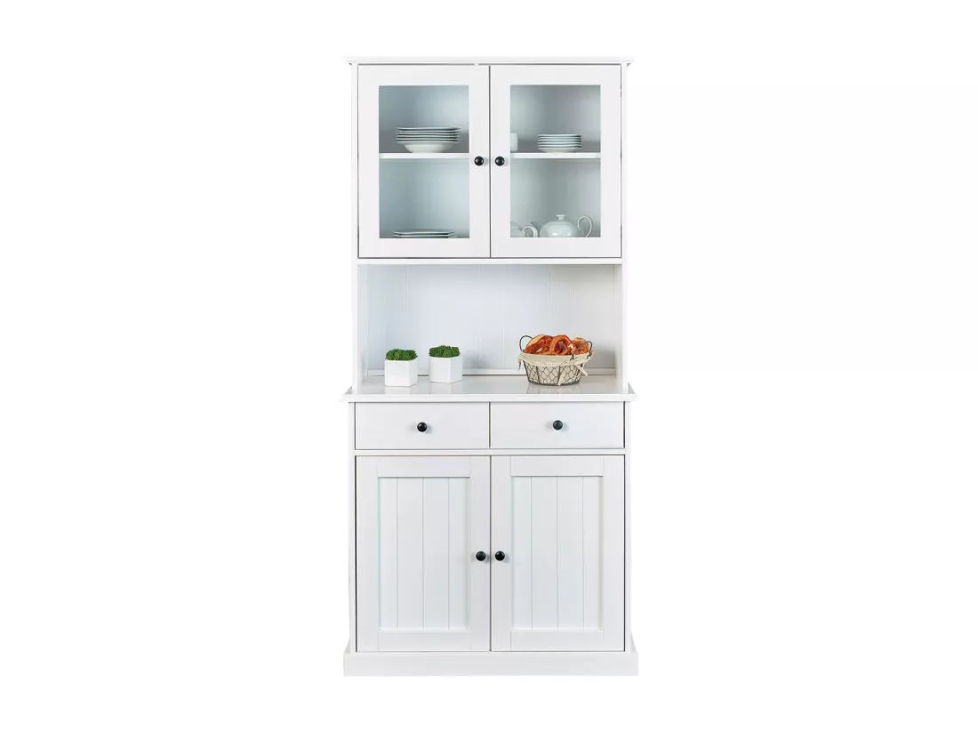 BIDART - Buffet Vaisselier 4 Portes 2 Tiroirs Bois Massif Vernis Blanc