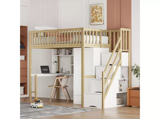 Lit mezzanine 90x200 avec grande armoire étagère et table espace de rangement escalier lit polyvalent blanc+naturel