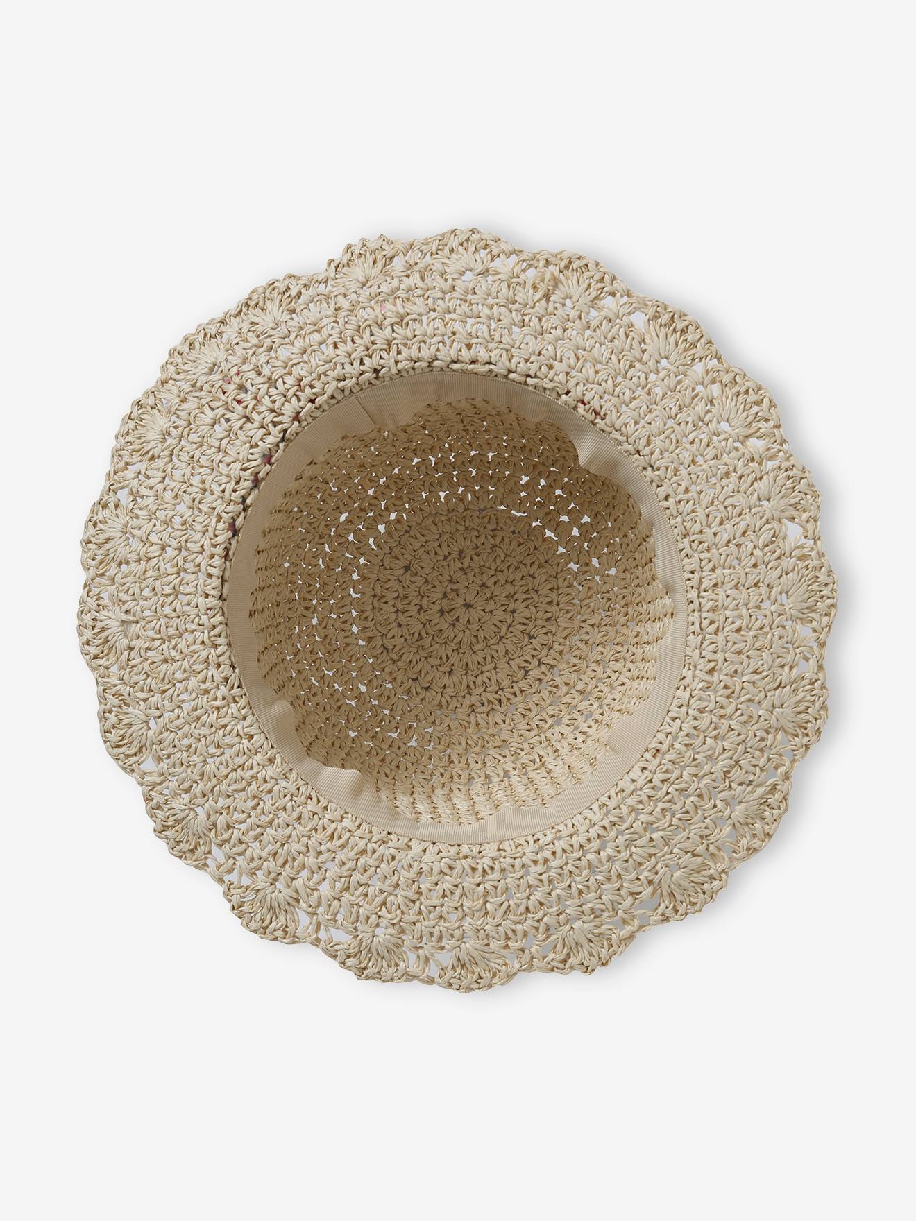 Chapéu de crochê com aparência de palha e laço estampado para meninas, bege areia