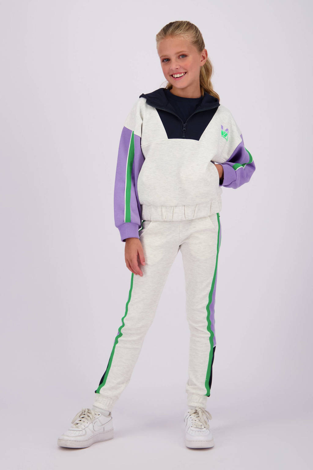 Vingino hoodie Nelke lichtgrijs melange/zwart/lila