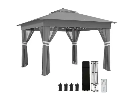 Tonnelle Portable 3 x 3 m, Pop-up, avec LED solaire, 4 rideaux, double toit, hauteur réglable, sac de rangement avec roues