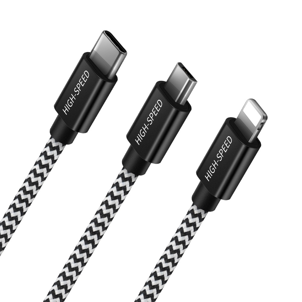 (1.25m) 3in1 USB A auf USB C / Lightning / Micro USB Nylon Ladekabel - Schwarz / Weiss