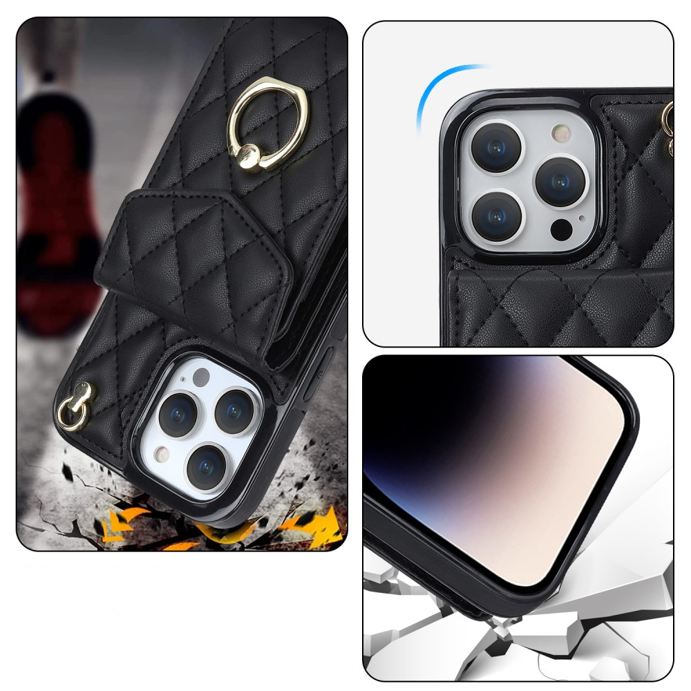 iPhone 15 Pro Necklace Leder Hülle mit Kartenfächer   Finger Griff Halterung   Handykette (RFID Schutz) - Schwarz