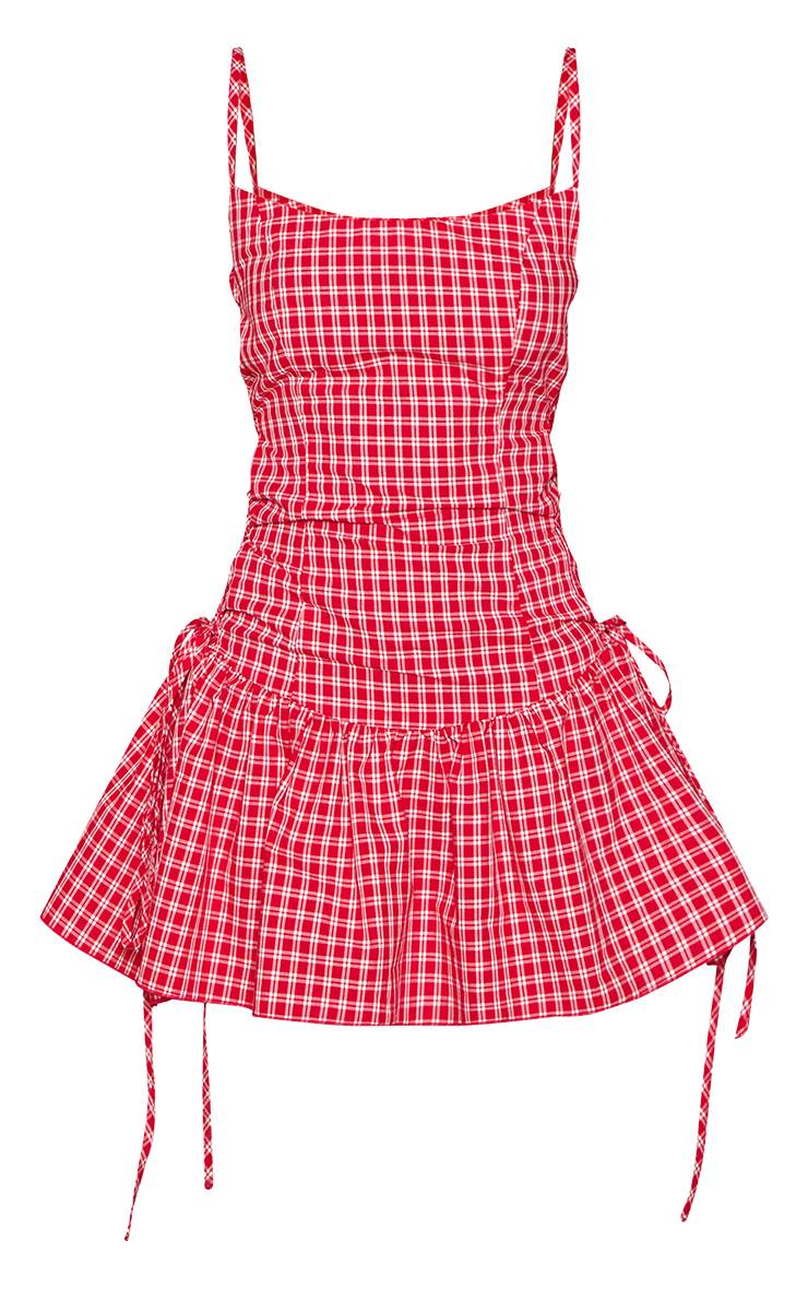 Rouge Robe Droite À Bretelles Et Laçage Vichy