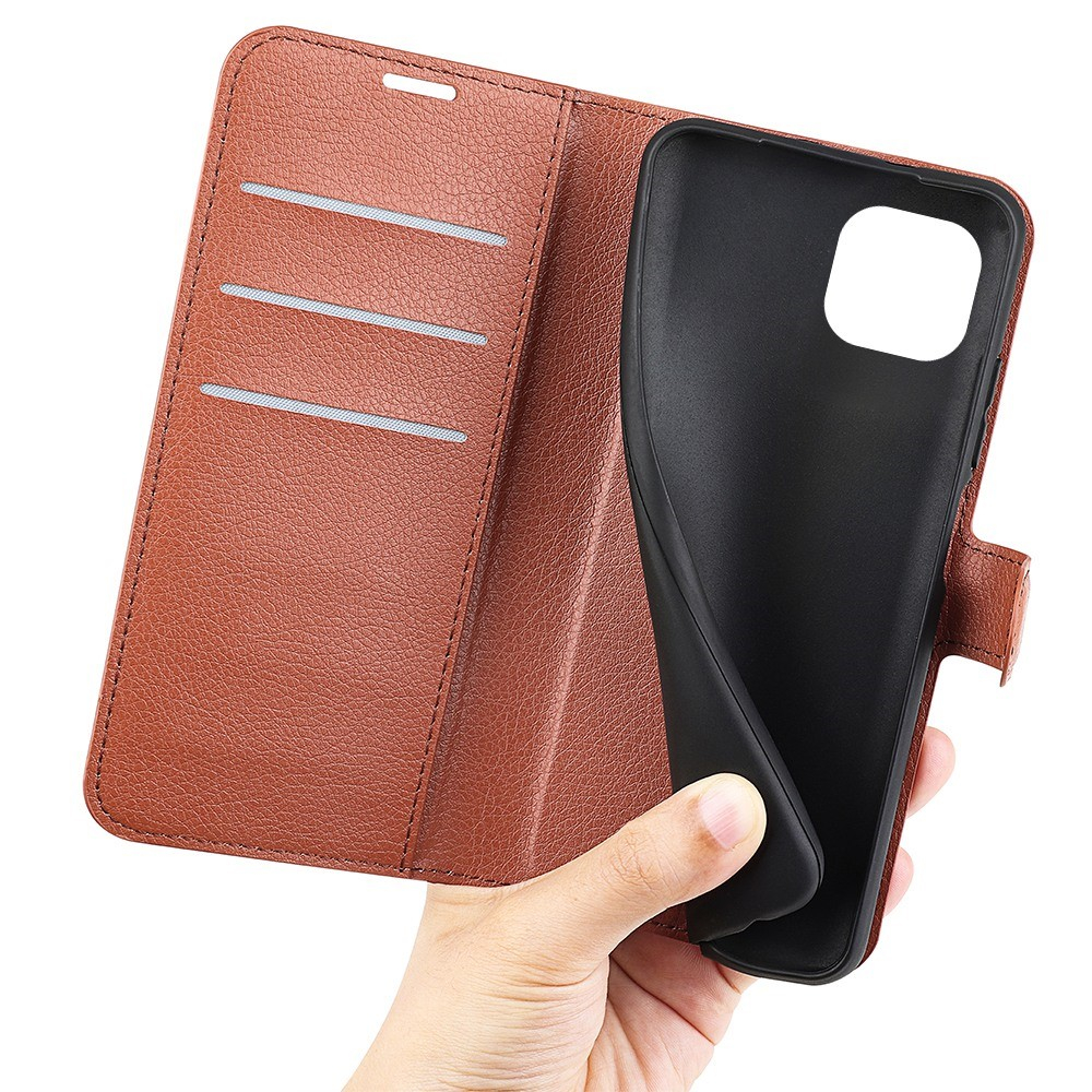 iPhone 14 Leder Tasche Flip Cover Litchi Look - Braun