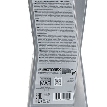 Huile moteur Motorex CROSS POWER 4T 10W60 1L Universel