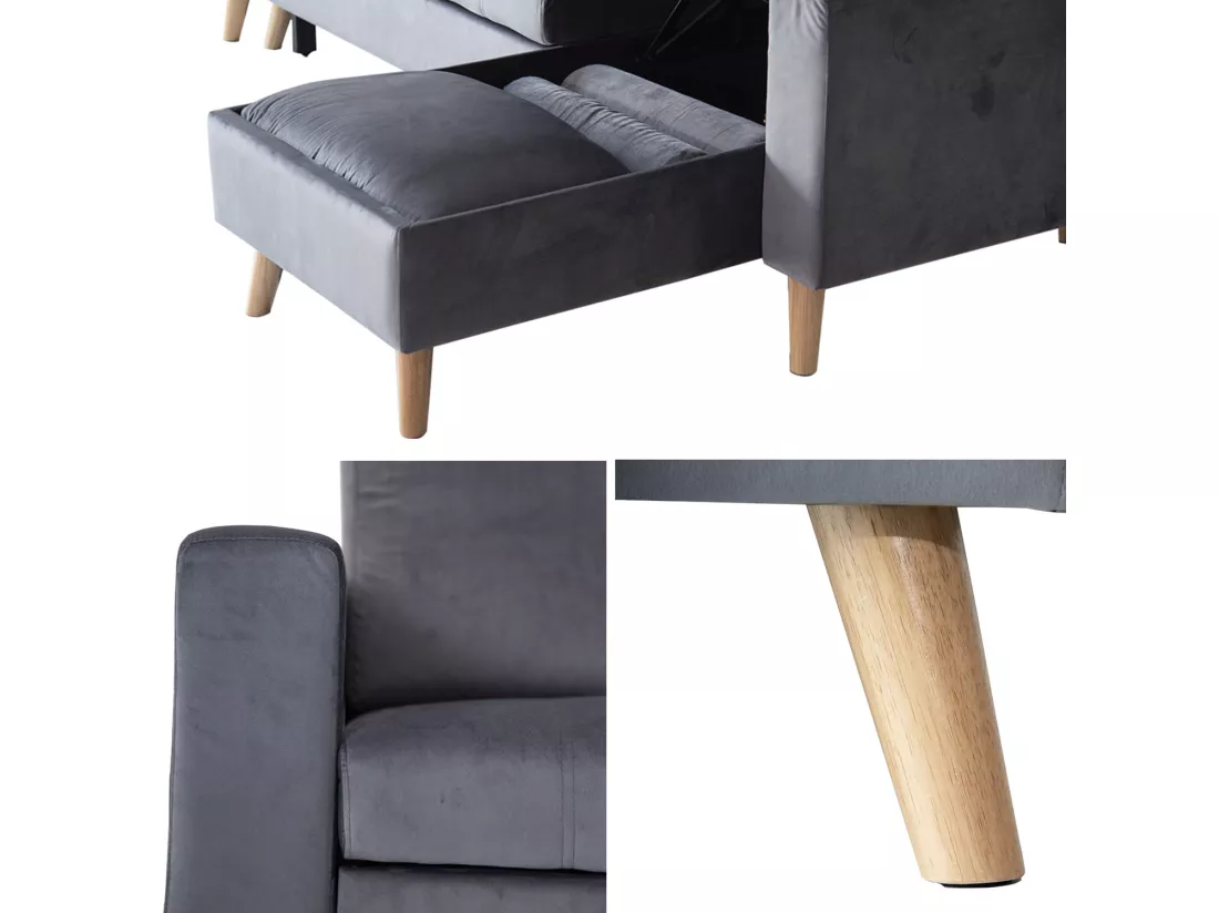 Canapé d'angle convertible JAMES 3 places en velours gris - HAPPY GARDEN