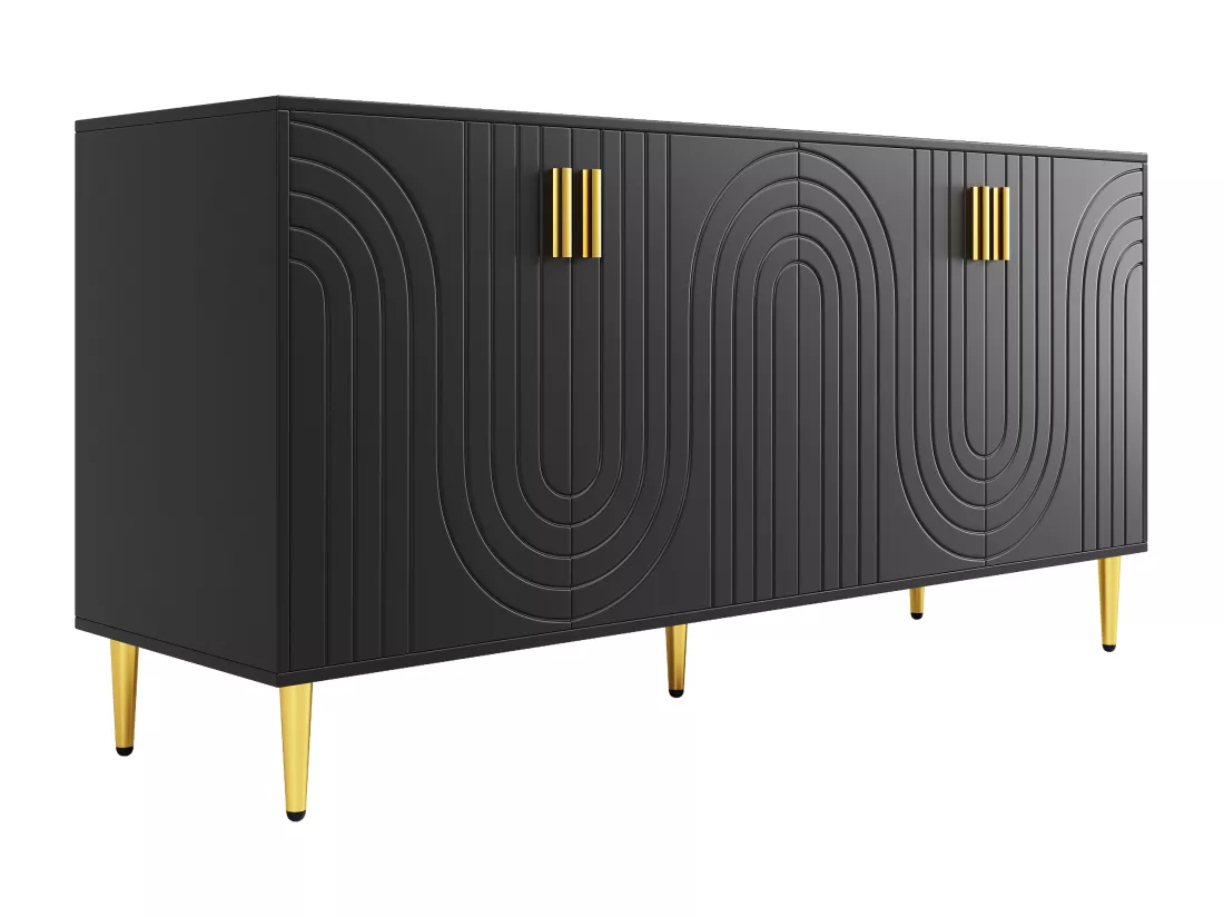 Buffet moderne - 4 portes à motif ondulé - en MDF - Noir