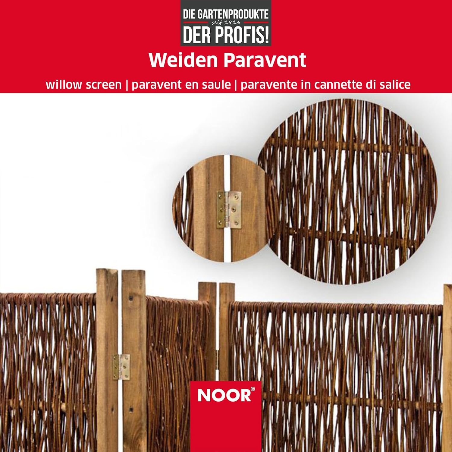 NOOR Weiden Paravent - Sichtschutz 4-teilig klappbar für Outdoor - wetterfester Windschutz für Terrasse, Garten und Balkon - geflochtene Trennwand mit Kiefernrahmen Gesamtgröße 120x240 cm