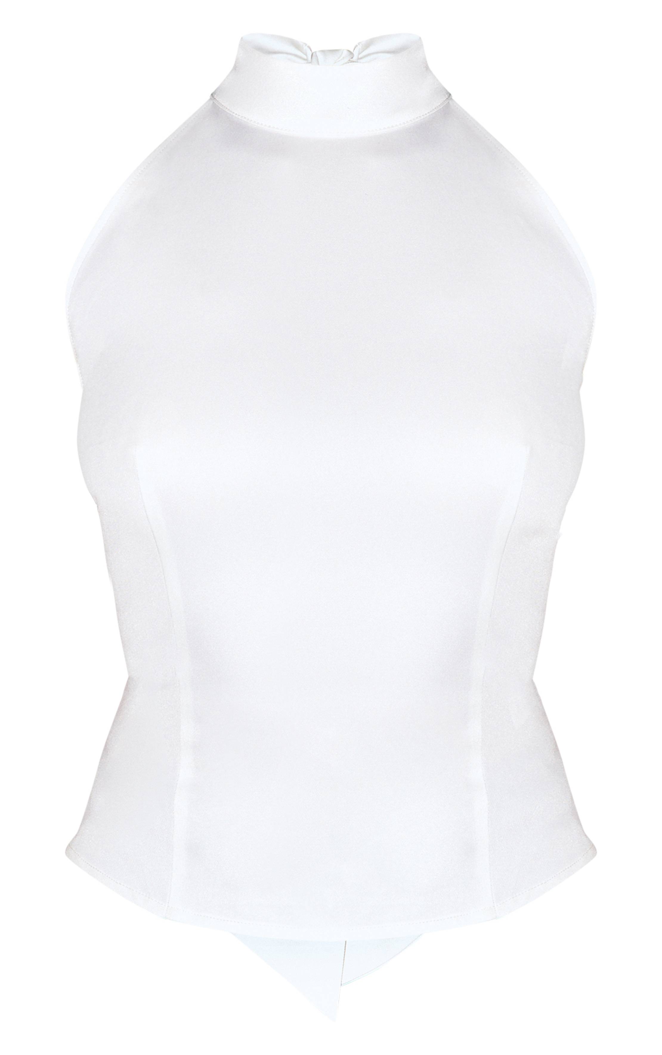 Blanc Top Tissé À Col Montant Avec Détail Nœud
