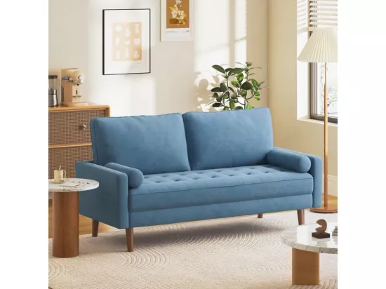 Canapé 3 places en tissu Lin bleu - Scandinave - avec 2 Oreillers et Accoudoirs - Pieds bois massif - 173x77x84cm