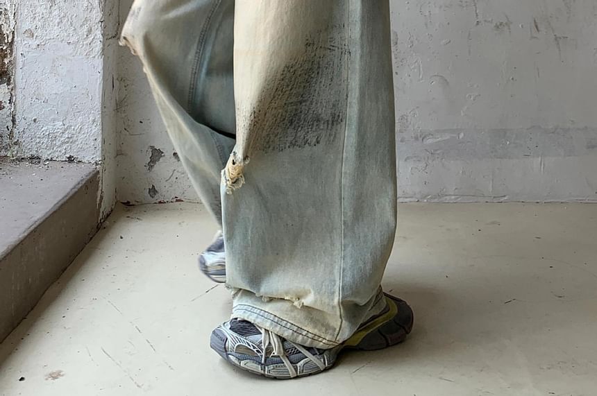 Coline - Mid Waist Washed Distressed Wide Leg Jeans
