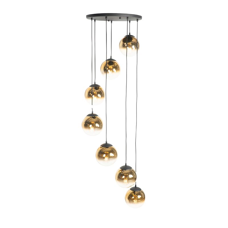 Smart hanglamp zwart met goud glas 7-lichts incl. 7 Wifi A60 - pallon