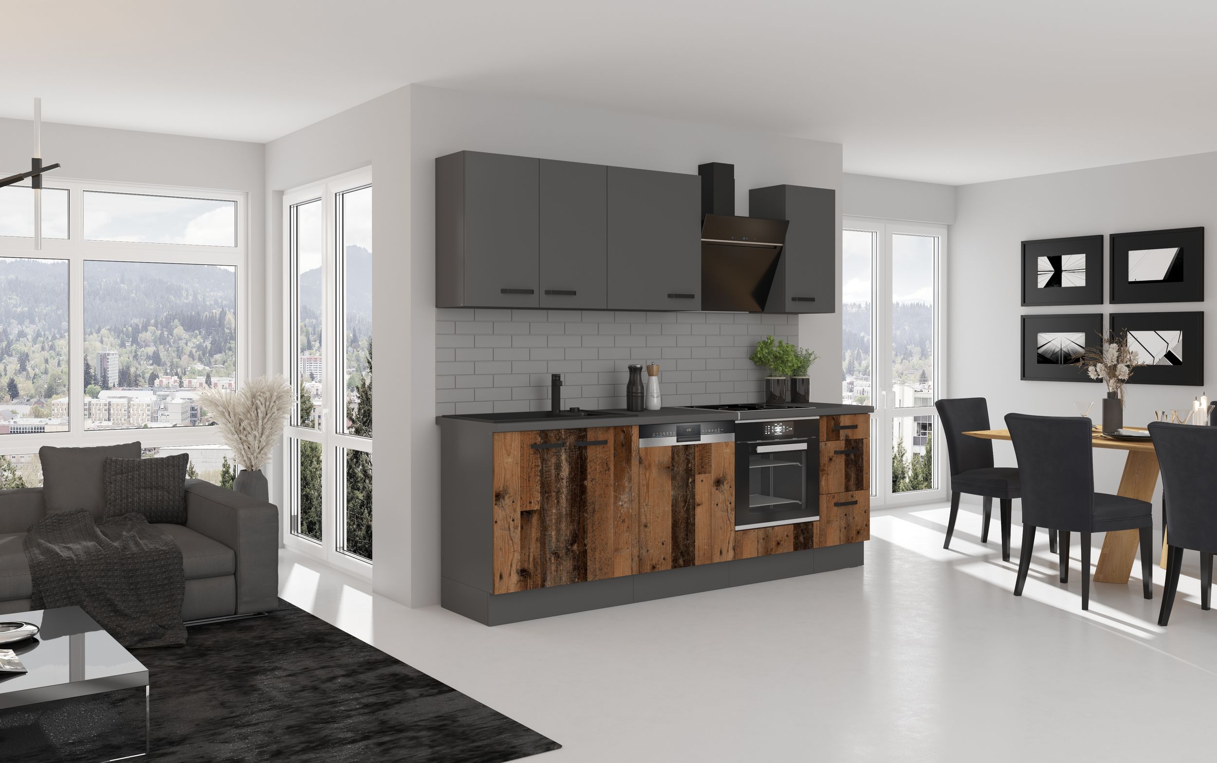 Küche OLD STYLE + NESSA Basic 240 cm Old Wood Optik Küchenzeile Küchenblock