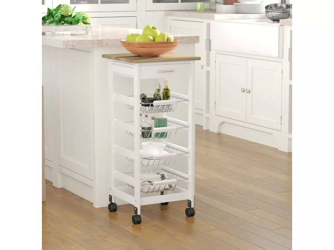 Desserte chariot de cuisine sur roulettes - 4 paniers coulissants, tiroir, plateau - bois blanc MDF bois clair