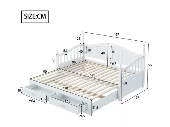 Canapé-lit pliant en bois massif 90/180x200 cm avec tiroirs et colonnes romaines - Blanc