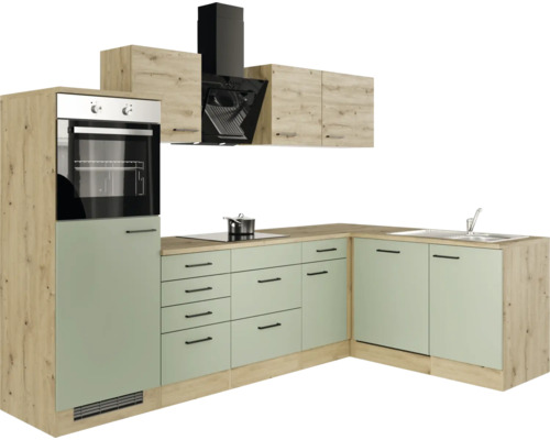 Flex Well hoekkeuken met apparatuur Cara 280 cm groen eiken mat gedemonteerde variant omkeerbaar 00012743