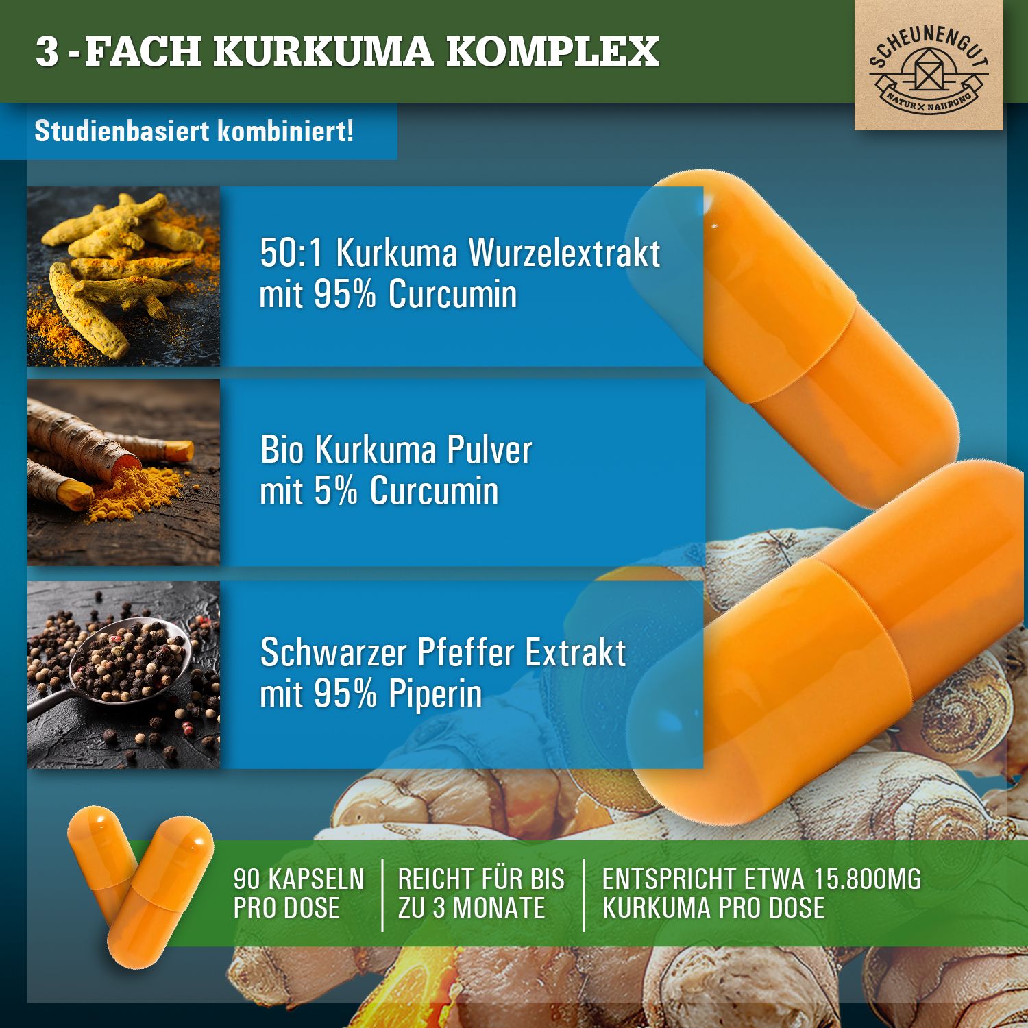 Scheunengut® Kurkuma Komplex | Bio Kurkuma (95% Curcumin) optimiert mit Piperin
