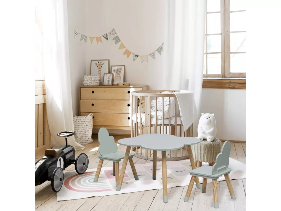 Table et 2 Chaises pour Enfants en MDF Pin Vert pour Chambre d'Enfant Salle de Jeux