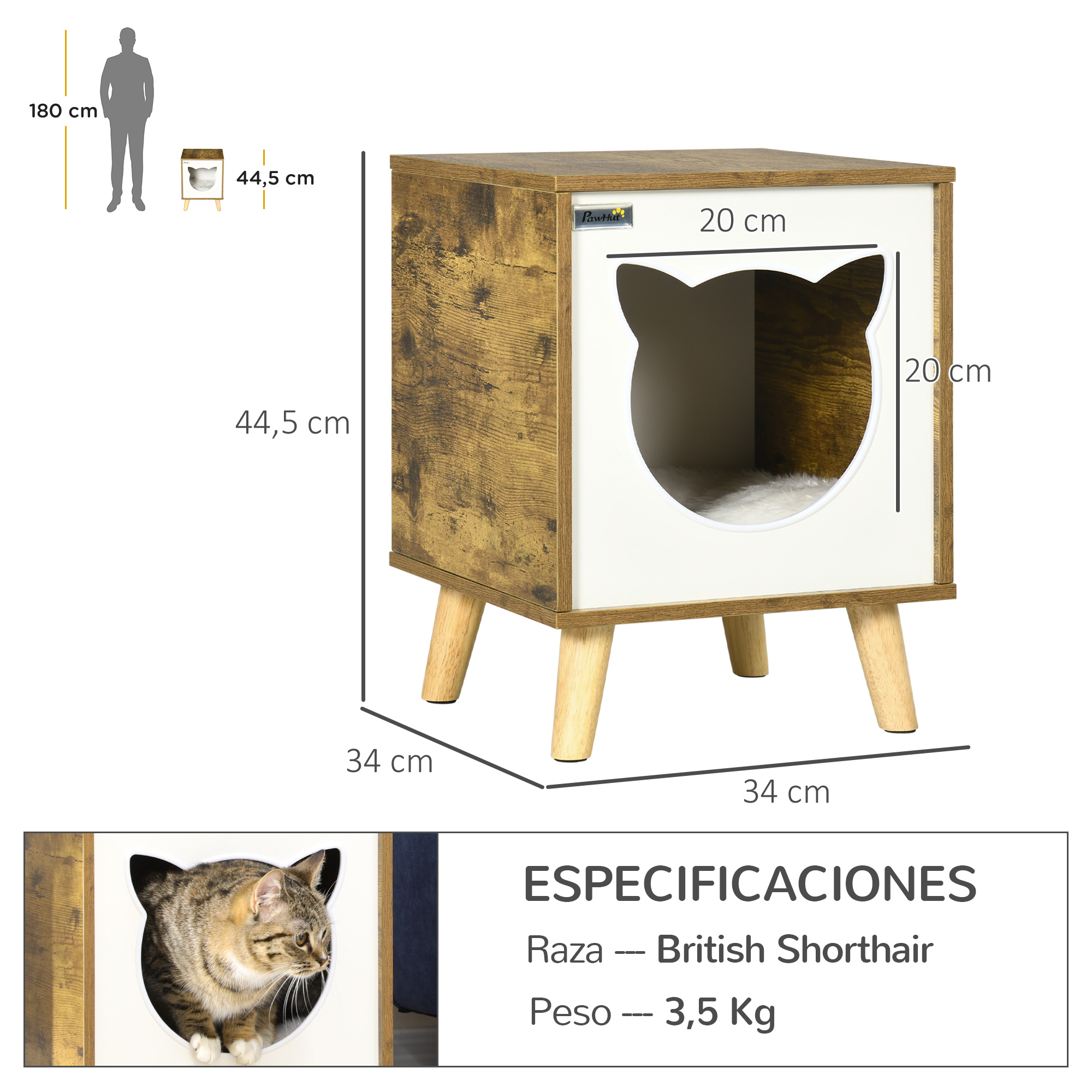 Casinha de madeira para gatos Pawhut, caverna para gatos de interior com almofada lavável e pés elevados, 34x34x44,5 cm, marrom.