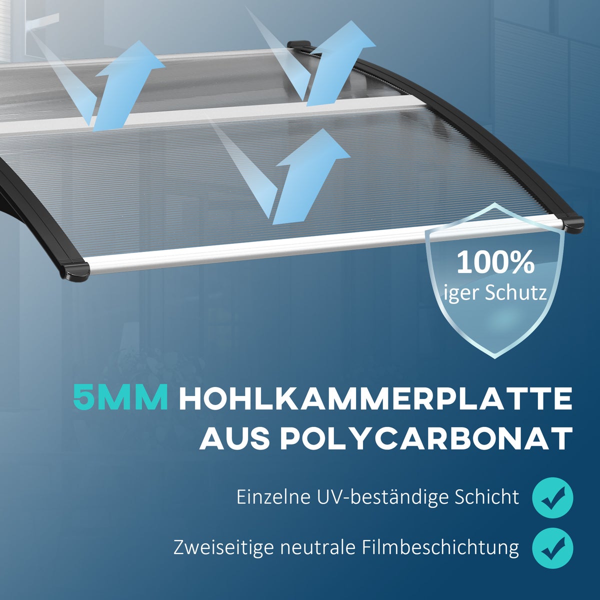 Outsunny Aanbouwluifel voor voordeur 103 x 96,5 x 27 cm Dak met UV-bescherming, regenbescherming, zonwering voor buiten, aluminium, zwart