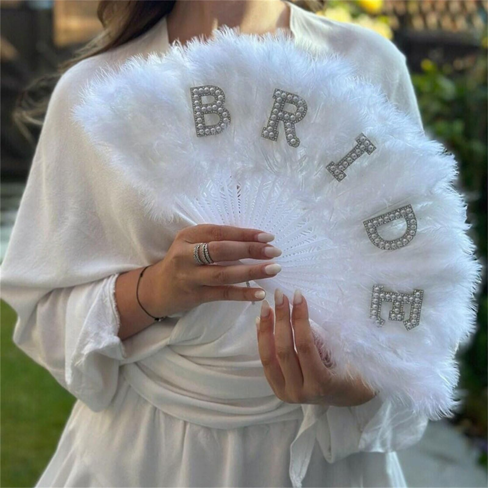 (30cm) Bride Feder Fächer Junggesellinnenabschied Party Accessoire Braut Handfächer - Weiss