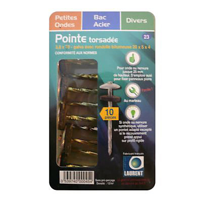 Lot de 10 pointes torsadée 3,8 x 70 mm galvanisée à chaud avec rondelle bitumineuse 20 x 5 x 4 montée
