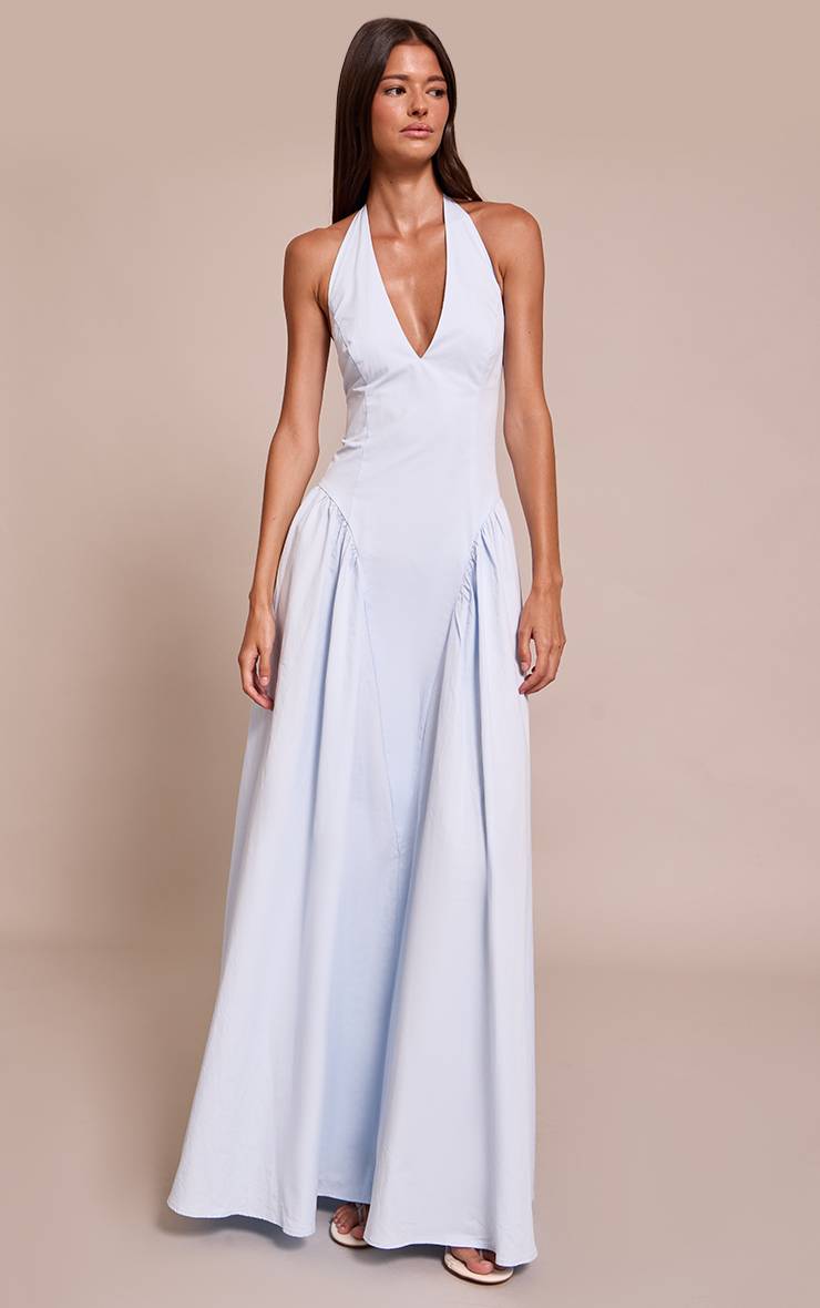 Bleu Clair Robe Midaxi Plongeante Dos Nu En Tissu Tissé