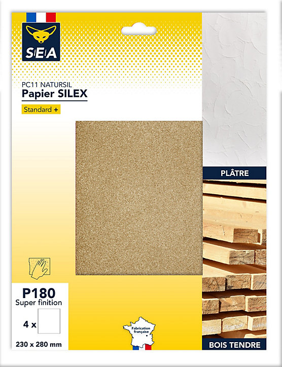 Feuille abrasive 230 x 280 mm grain 180 plâtre, lot de 4